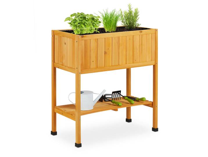 Relaxdays Hochbeet Orange Holz mit Ablage 80,5 cm, Holz, Kunststoff, 74x80.5x38 cm, Gartenzubehör, Hochbeete