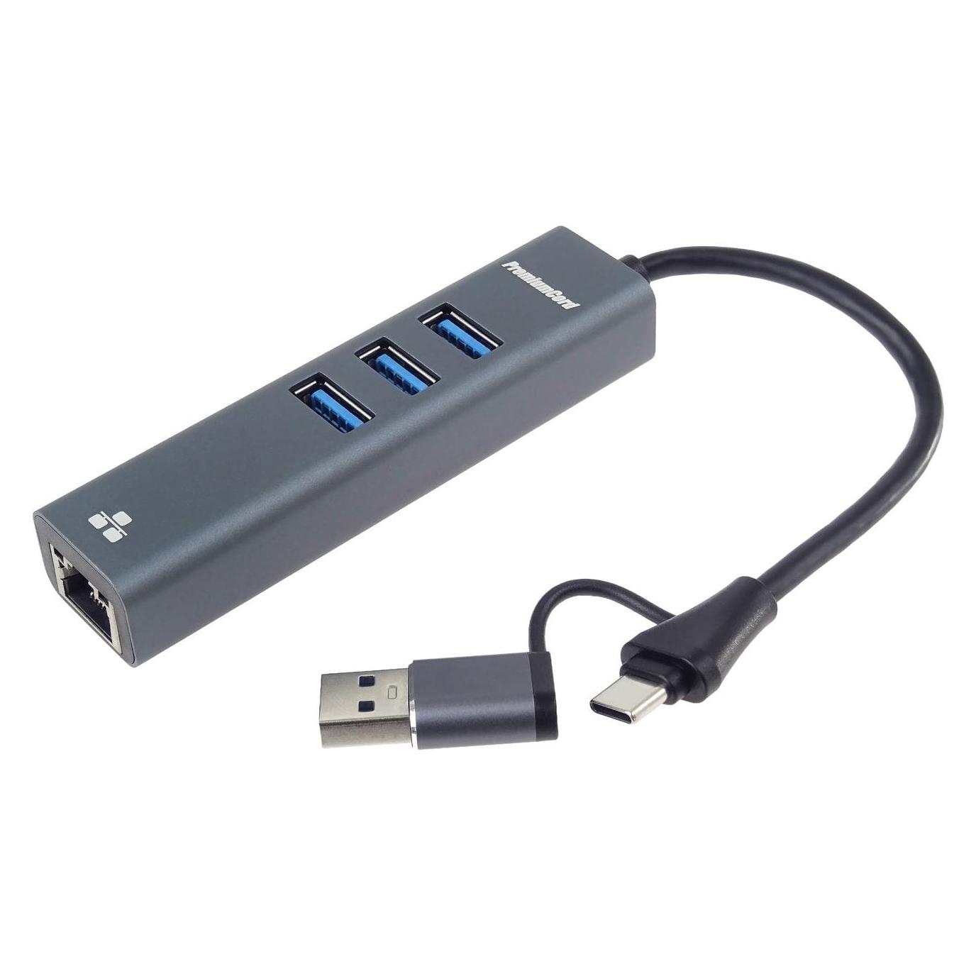PremiumCord Adaptér USB-C a USB-A na Gigabit 10/100/1000Mbps + 3x USB 3.2 konektor (USB-A, USB-C, 3 Ports) (ku31ether06)