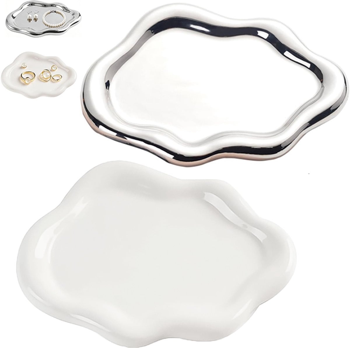Set van 2 wolkvormige keramische sieradenbakjes in wit gegalvaniseerd zilver