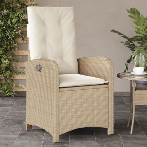 Gartensessel aus PE-Rattan mit Kissen, verstellbarer Gartenstuhl mit komfortabler Rückenlehne, beiger Poly-Rattan-Sessel mit dick gepolsterten Sitzkissen sowie abnehmbaren und waschbaren Bezügen