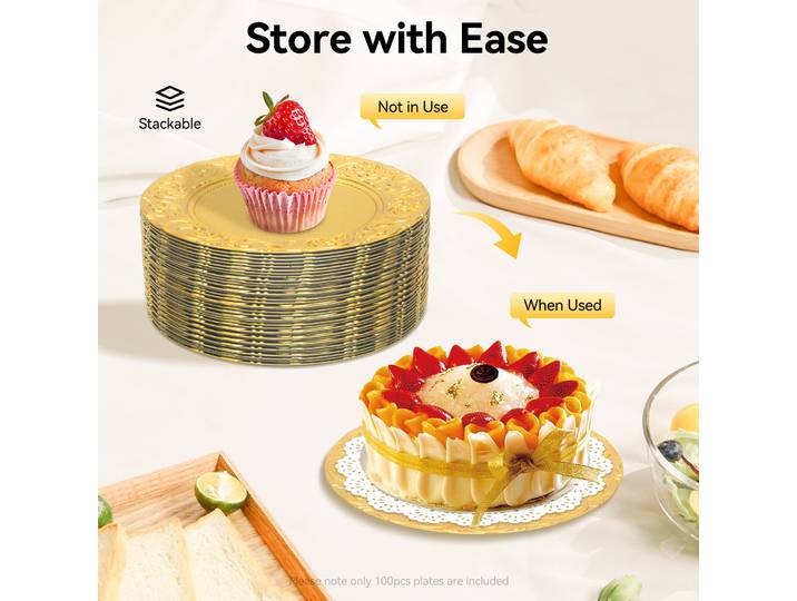 100 Assiettes de Présentation Rondes Dorées/Argentées pour Desserts Occidentaux, Réutilisables pour Anniversaires et Mariages