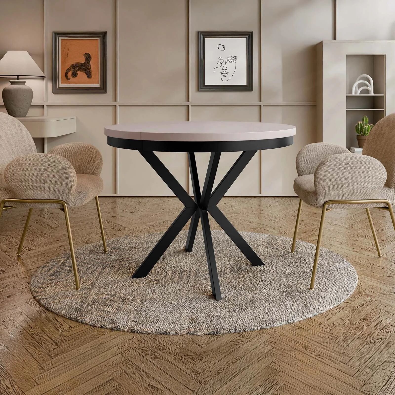 garneroarredamenti Tavolo da pranzo allungabile 90/166 cm rotondo beige cashmere nero Vortex