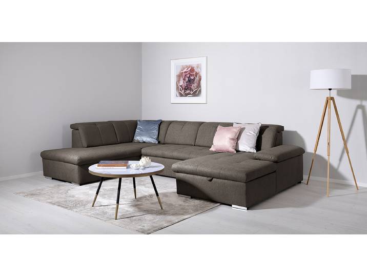 Wohnlandschaft Tarem mit Schlaffunktion Braunschwarz Webstoff Genia 328 x 80 x 215cm Ottomane davorstehend links mit Schlaffunktion Modern