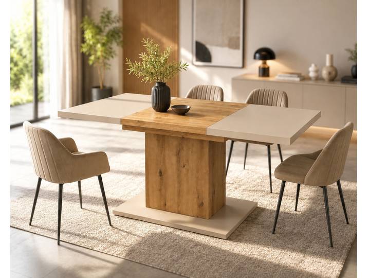 Esstisch GOODPRODUCT Boston, Säulentisch, Speisetisch, Küchentisch, ausziehbar bis 150 cm , beige (kaschmir, artisan, kaschmir, artisan), B:110cm H:80cm T:70cm, Tische, Esstisch, Platz für bis zu 6 Personen, verlängerbar durch Einlegeplatte