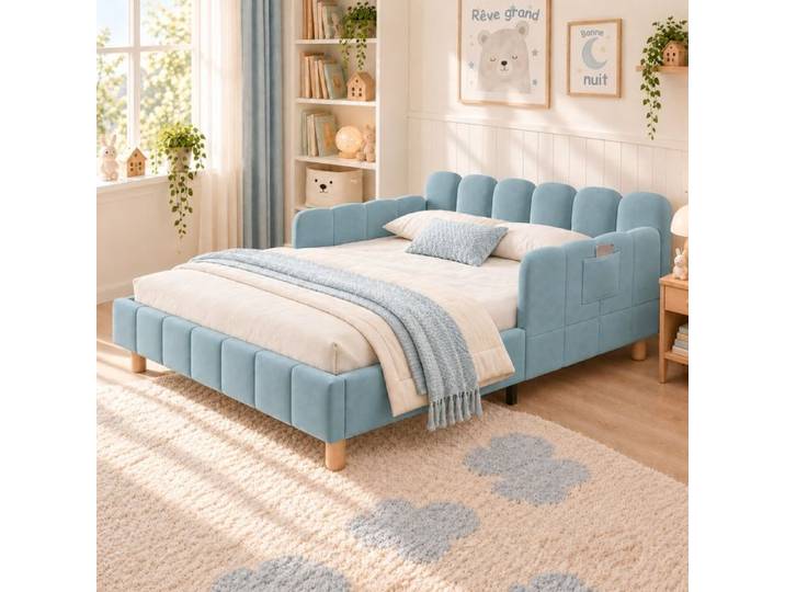 Lit enfant 140x200 cm Norevia en velours bleu avec barrières modulables et sommier sans matelas