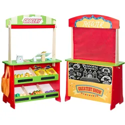VEVOR 2-in-1 Spielset Puppentheater aus Holz mit Vorhängen, Kaufmannsladen, doppelseitiges Holzspiel mit Tafel und Registrierkasse, Marktstand zum Rollenspiel für Kinder ab 3 Jahren