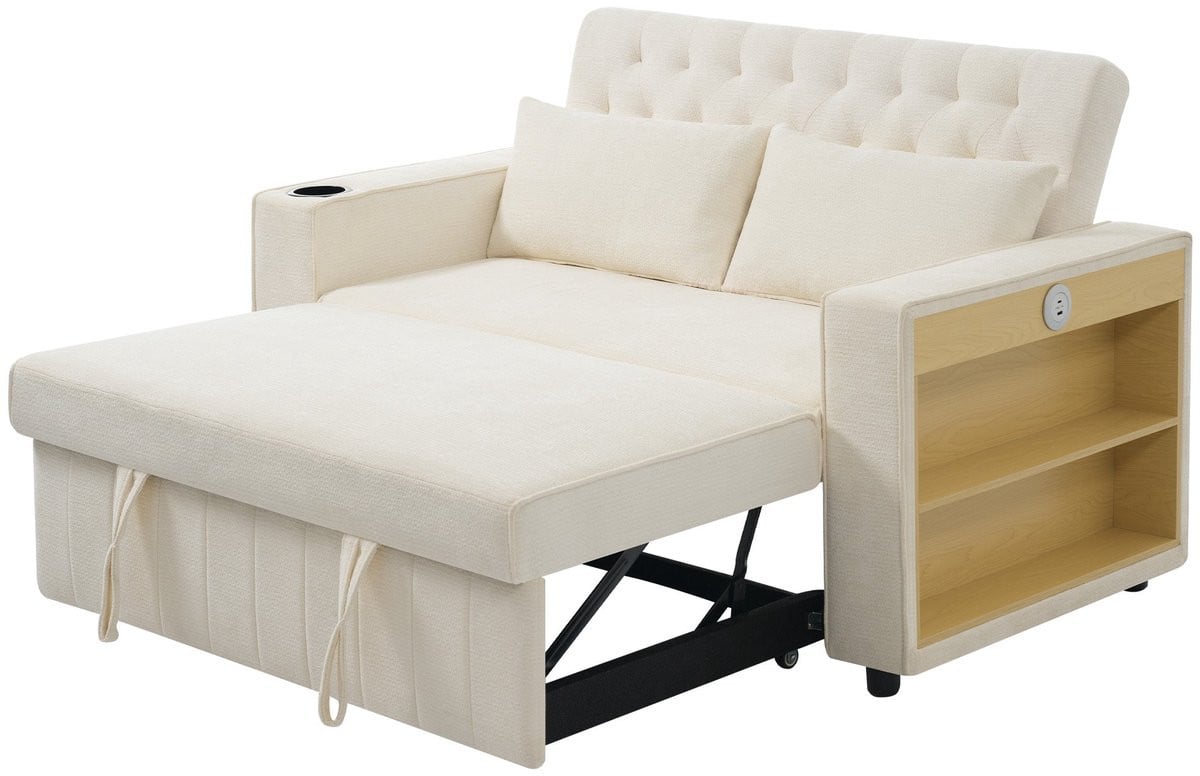 Merax Multifunctionele Slaapbank met Opbergruimte en Bekerhouder - 2-Zits - Beige Chenille