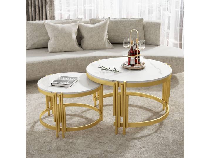 Ensemble de tables basses modulaires de luxe PINGGO, plateau en marbre optique, structure en métal laiton, deux tailles, tables rondes pour salon