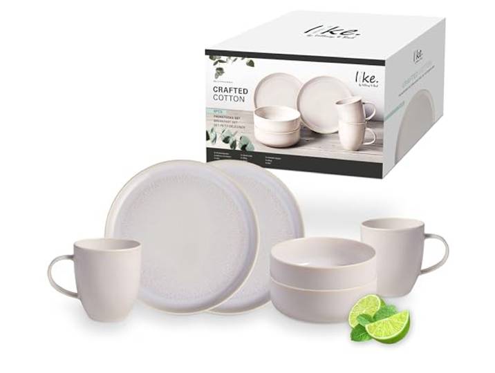 like. by Villeroy & Boch - Crafted Cotton Frühstücks-Set 6 teilig Weiß Spülmaschinenfest, Mikrowellensicher, Geschirr Set, Geschirrset, Service Frühstücksteller, Pottery-Look, Premium Porzellan