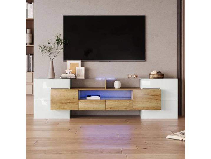 Meuble TV élégant lowboard. Blanc brillant 200 cm éclairage LED meuble de salon Armoire TV Élégante surface en verre.