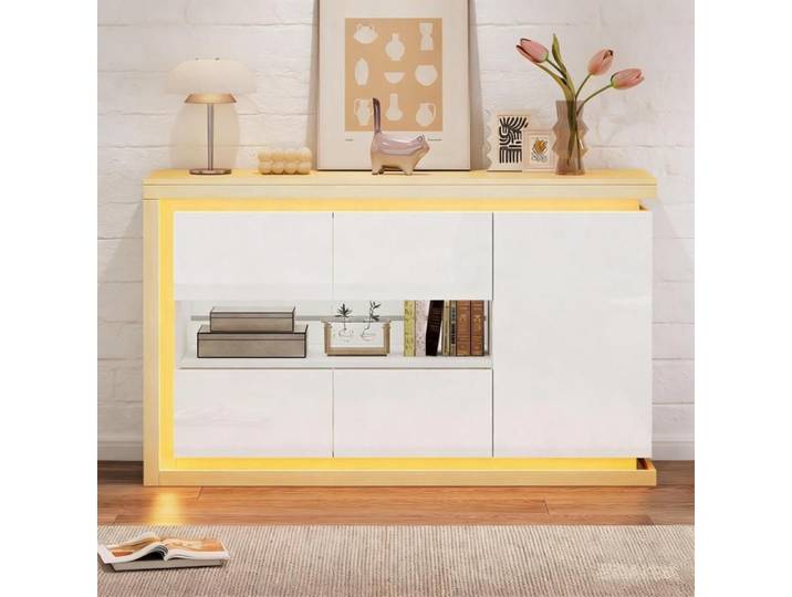 Meuble de salon 140x40x84cm commode 4 compartiments LED buffet laqué brillant verre trempé salon entrée bureau naturel Blanc