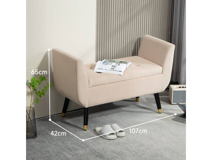 Banquette de luxe Banc rembourré avec espace de rangement Accoudoirs Banc coffre Polyester velouté Bois caoutchouc Beige 107 x 42 x