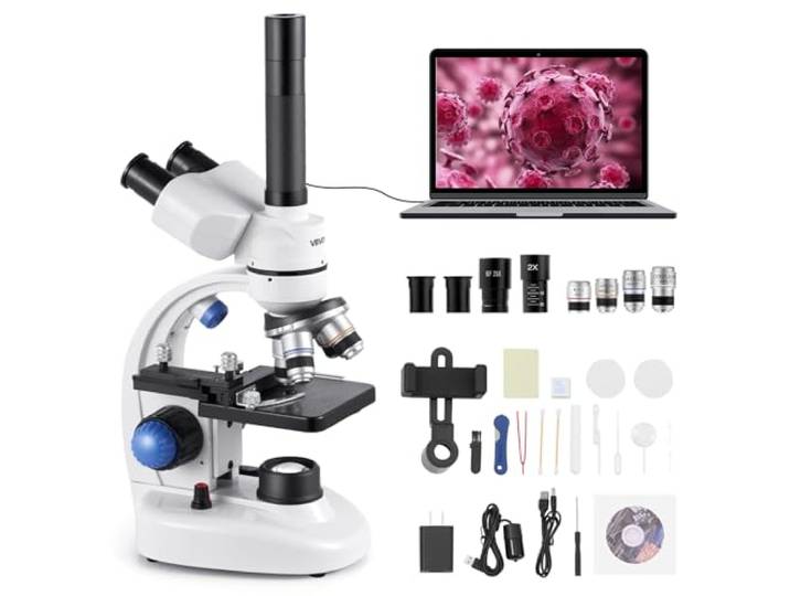 VEVOR Microscope Trinoculaire Professionnel\, Kit de Microscope Composé avec Grossissement 40-5000X\, Corps en Alliage d'Aluminium\, Éclairage LED et Support de Téléphone Inclus\, Laboratoire\, École