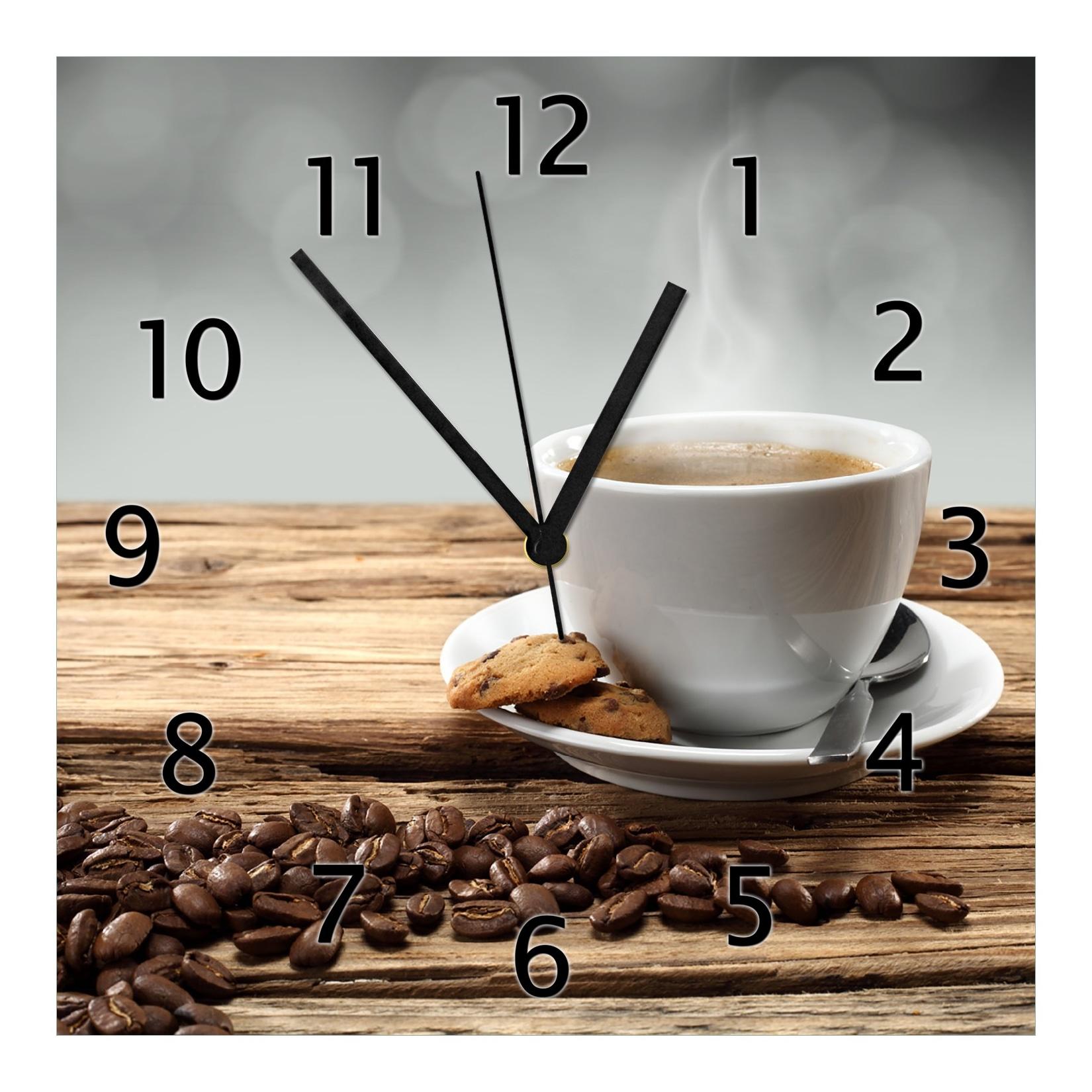 Wallario Uhr 30 x 30 cm, schwarze Zeiger Heiße Tasse Kaffee mit Kaffeebohnen
