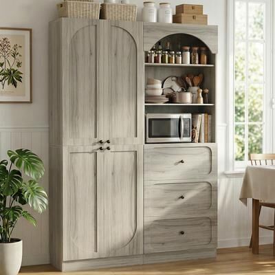 Rackcog Modern Arched Bookcase with Drawers and Doors, 80'' H Kitchen Pantry Organizer Display Bookshelves
