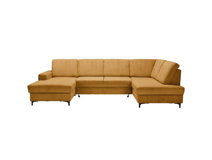 Stylife Wohnlandschaft ink. Funktionen, Senfgelb, Metall, Ottomane rechts, U-Form, 317x185 cm, Made in EU, Rücken echt, Wohnzimmer, Sofas & Couches, Wohnlandschaften, Wohnlandschaft U-Form