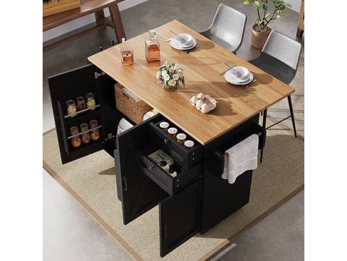 Desserte de cuisine - Noir - 120x43-71x92cm - 2 tiroirs - 3 portes - Roulante