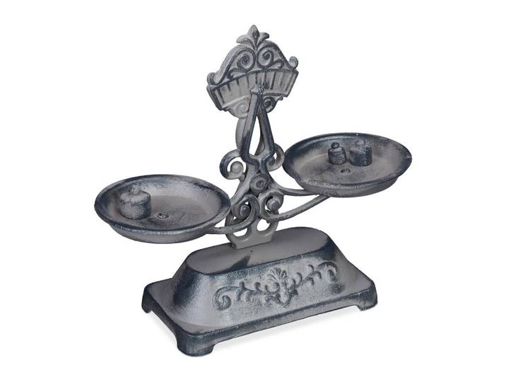 Relaxdays Dekowaage Grau Schwarz Gusseisen mit 3 Gewichten, Metall, 24 cm, Dekoration, Dekoschalen