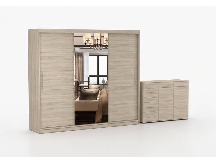 Schwebetürenschrank und Kommode 2er-Set ALBA I/FRIDA 01 Sonoma Eiche Sonoma Eiche + Spiegel