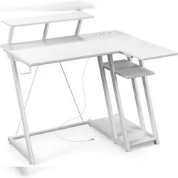 COSTWAY Schreibtisch mit Steckdosen & USB-Anschlüssen, Kleiner Computertisch mit Monitorständer, Kopfhörerhaken, Ablagefach