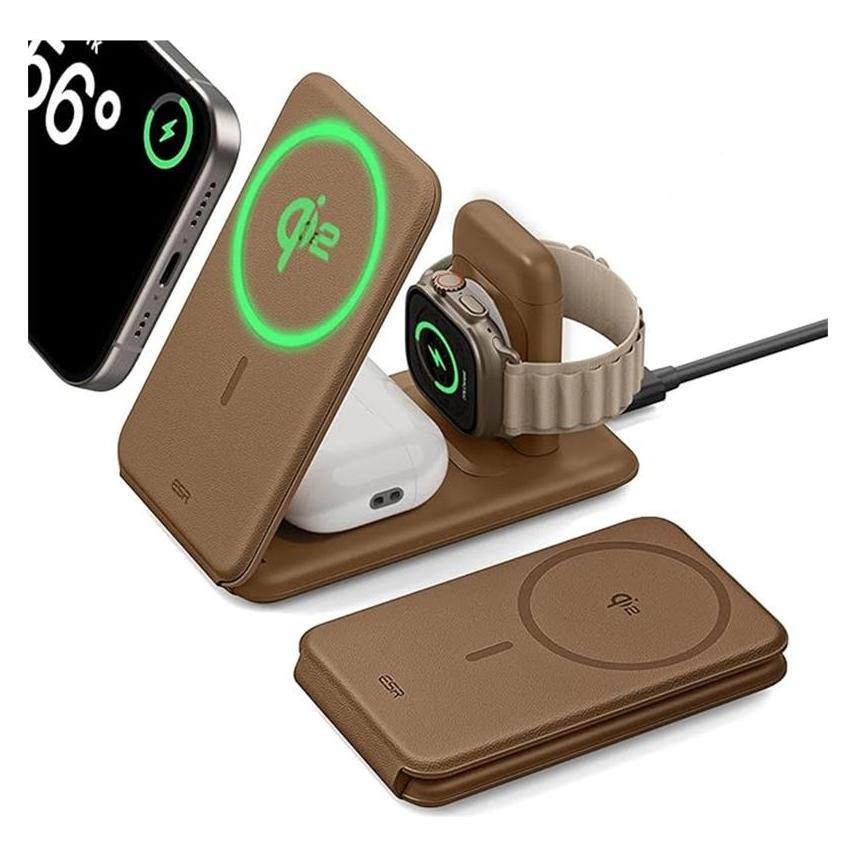 ESR Travel 3v1 hnědá / Skládací cestovní nabíječka / Qi2 / pro telefon, hodinky a sluchátka (2C569A-BR)