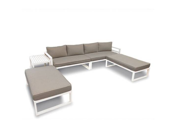 Perel Salon de jardin aluminium gris mobilier extérieur 8 places avec coussins et table d appoint rangement compact 125 x 68 cm