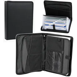 Dokumentenmappe mit Fächern, Taschen, Reißverschluss, A4, Schwarz