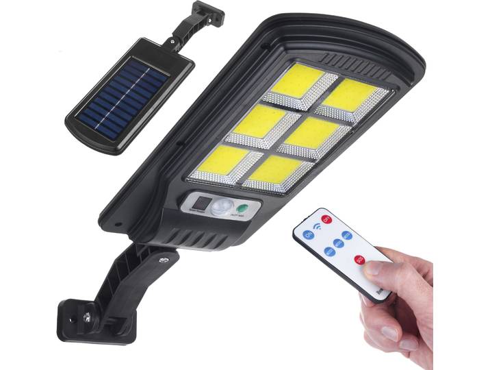 Lampadaire solaire avec détecteur de mouvement et de crépuscule IP54 4W 400 lumens 6500K Télécommande Lampe solaire murale extérieure Éclairage extérieur Lampadaire routier 3 modes d'éclairage
