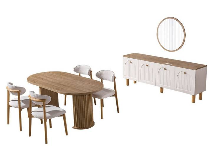Villa Möbel Esszimmer-Set Baha, (Esszimmer-Set, 8-St., Esstisch, Sideboard und 6 Stühle), Weiss Eiche Optik helles Design warm und zeitlos