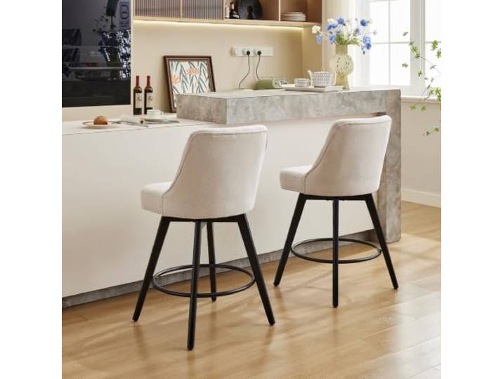 JustSmart 2er-Set drehbare Barhocker mit Rückenlehne – Gepolstert, 360° schwenkbar, Holzbeine, Fußstütze – Bezugsstoff: Leinen, Farbe: Offwhite