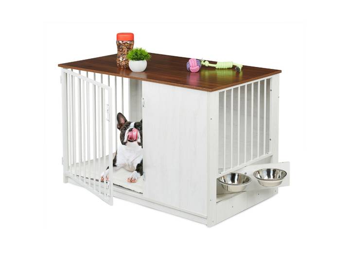 Hundekäfig für Zuhause 2 drehbare Näpfe Weiss-Creme-Dunkelbraun