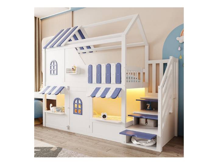 Flieks Etagenbett, Kinderbett Haus-Design 90×200cm mit Stauraumtreppe LED-Beleuchtung