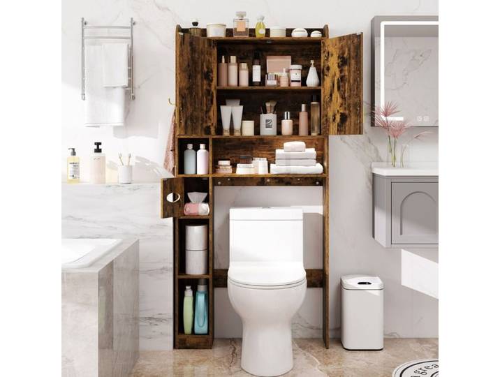 Meuble de rangement au-dessus des toilettes 2 portes 6 compartiments porte-mouchoirs brun rustique