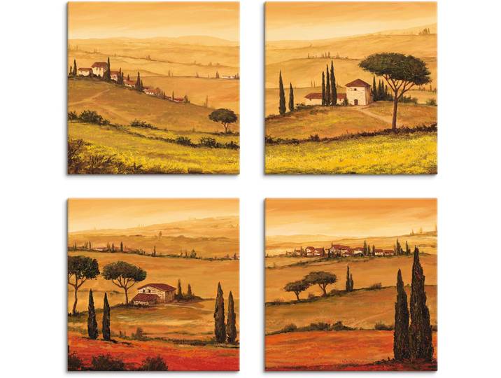 Leinwandbild ARTLAND Rapsfeld und Mohnfeld Toskanalandschaft , braun (farbe bild(er): braun), B:40cm H:40cm, Leinwand, MDF, Bilder, Leinwandbild, 4er Set, verschiedene Grössen