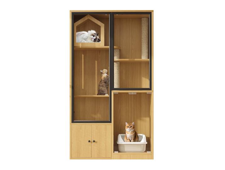 Evryae Buffet Katzenmöbel mit Glastür und Kratzpfosten, mehrstöckig Design, Jute MDF Stauraum Natur, Samtahornfarben, Glas, 4 Fächer, Rechteckig, 90x160x50 cm, Esszimmer, Anrichten, Buffetschränke