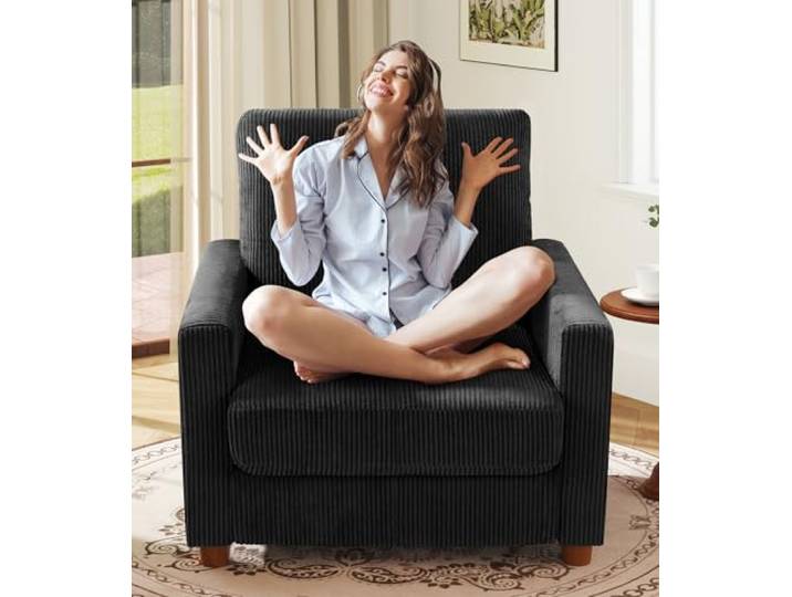 Kidirect Cord Sofa 1 Sitzer, 90CM Lesesessel Bequem, Sessel Wohnzimmer Big Sessel 57CM Extra Tiefe Sitze, Werkzeugfreie Montage, Modernes Sofa Klein fürs Büro, Sessel Schlafzimmer Sofas Schwarz