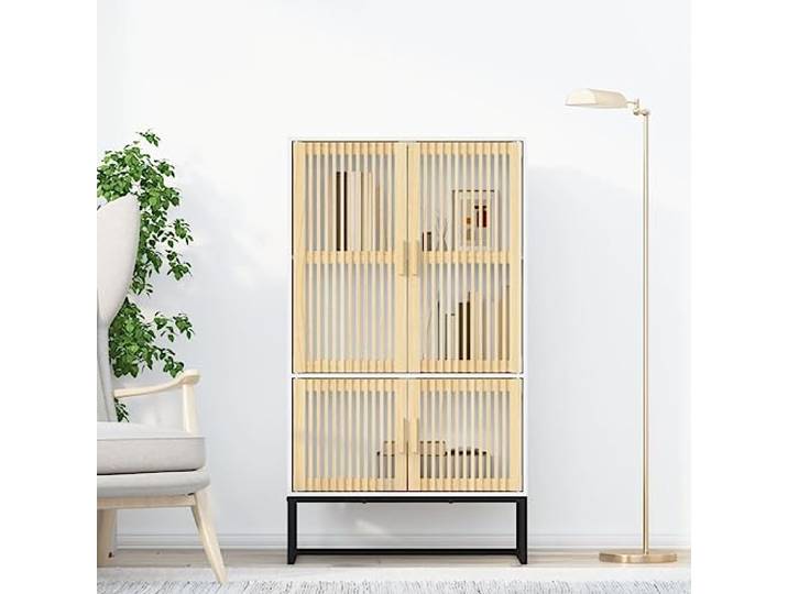 GPWERSDF Highboard Weiß 70x35x125 cm aus Holzwerkstoff mit Kiefernholztüren Eisenfüße für Stabilität, viel Stauraum, skandinavisches Design, mit Wandhalterung, Montageanleitung enthalten
