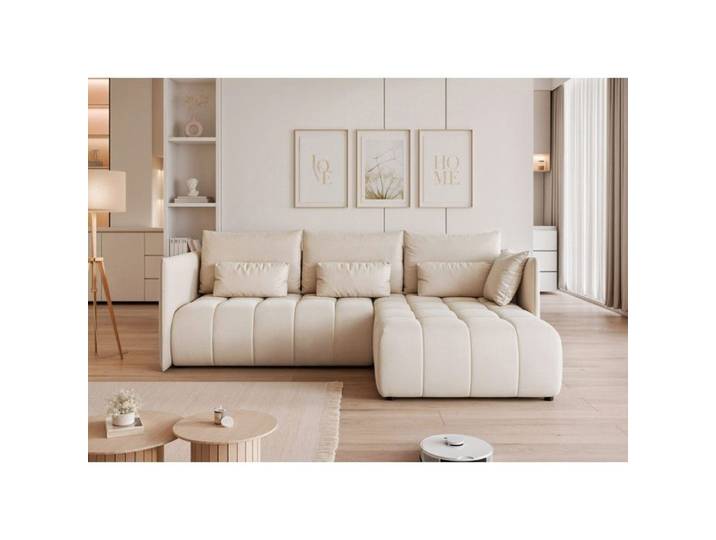 Canapé d'angle Réversible CLEO - 4 places - Convertible avec Coffre - Tissu avec Reflets Subtils - Crème
