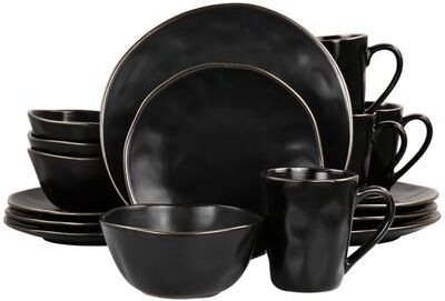 Elama Modern 16 Piece Stoneware Dinnerware Set in Matte Black with Gold Rim