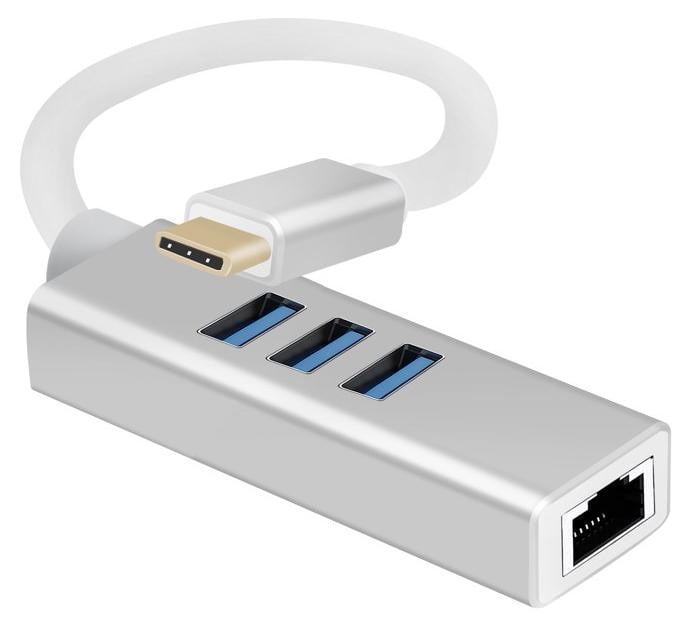 Helos HUB Premium USB 3.1 Type-C aansluiting met 3x USB en RJ45 Gigabit Ethernet, zilver