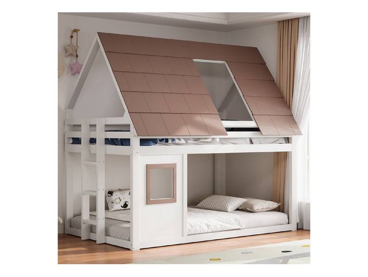 STILVORA Etagenbett 140x200 Kinderbett mit Dach Fenster Geländer und Leiter weiß + braun (Hausbett aus hochwertigem massivem Kiefernholz und MDF, für Liebhaber von Stauraum oder Familien mit begrenztem Platzangebot), Einfache Montage