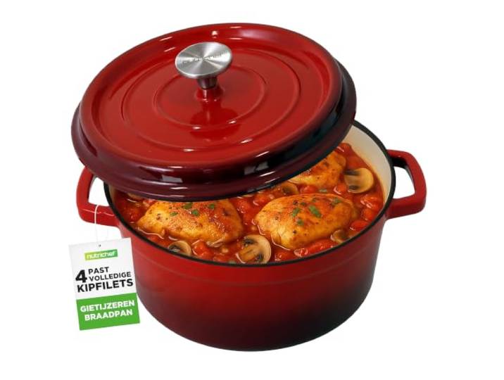 NutriChef Braadpan- Geëmailleerde Gietijzeren Dutch Oven -Ronde Hollandse Oven - Porselein Geëmailleerde Gietijzeren Bakpotten met Zelf-Bastende Deksel-Rood-Middelgroot