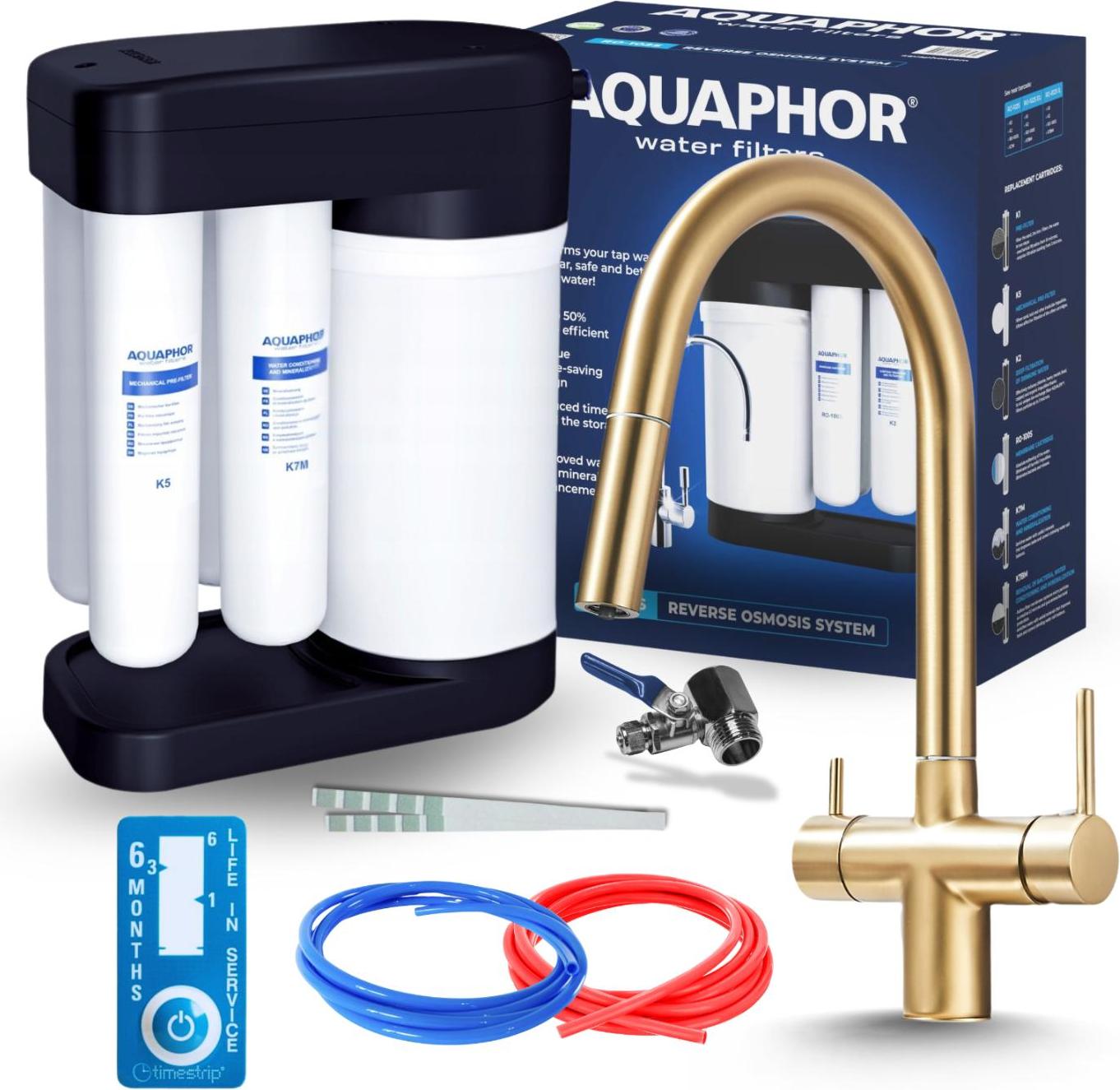 Wasserfilter Set Morion mit 3-Wege Küchenarmatur, Umkehrosmose, Wasserfilter-Anschluss, 360° schwenkbar, Gold