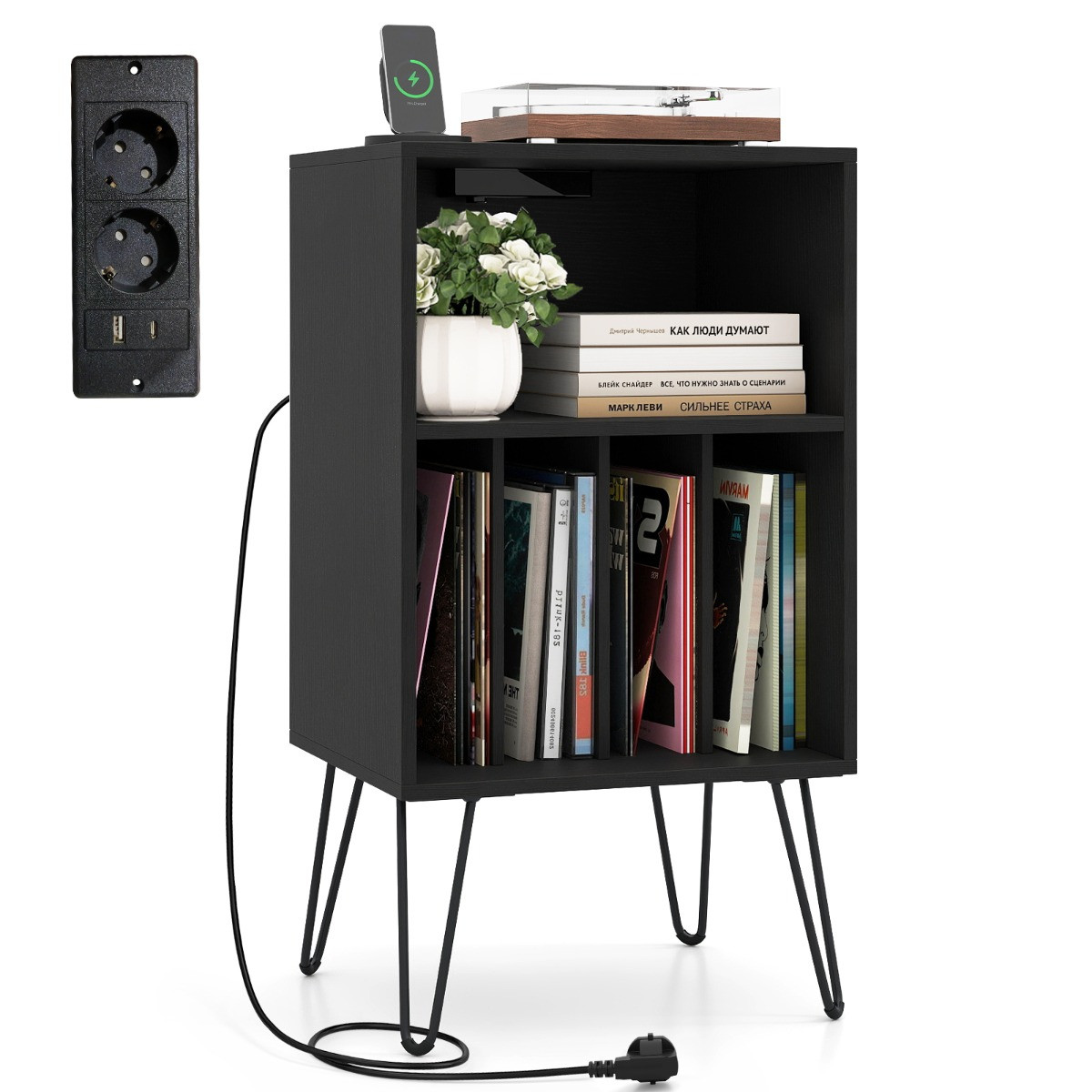 Costway Platenrek met Oplaadstation en Platenstandaard, 3-Laags, Zwart