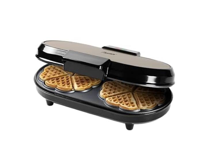 Bestron Dubbele wafelijzer voor klassieke hartwafels, dubbele wafelijzer in hartvorm, wafelmaker met baklamp & antiaanbaklaag, 1.200 watt, kleur: beige