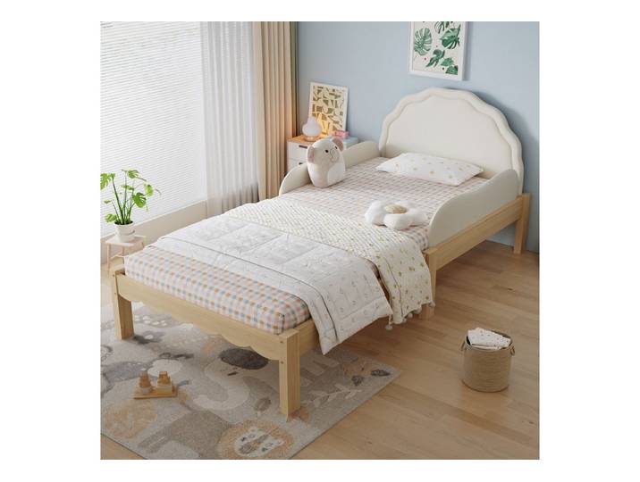 OKWISH Polsterbett Jugendbett Einzelbett (mit Holzrahmen, leder-gepolstertem Kopfteil, seitlichen Absturzsicherungen & stabilem Lattenrost, 90x200 cm), Inklusive Matratze