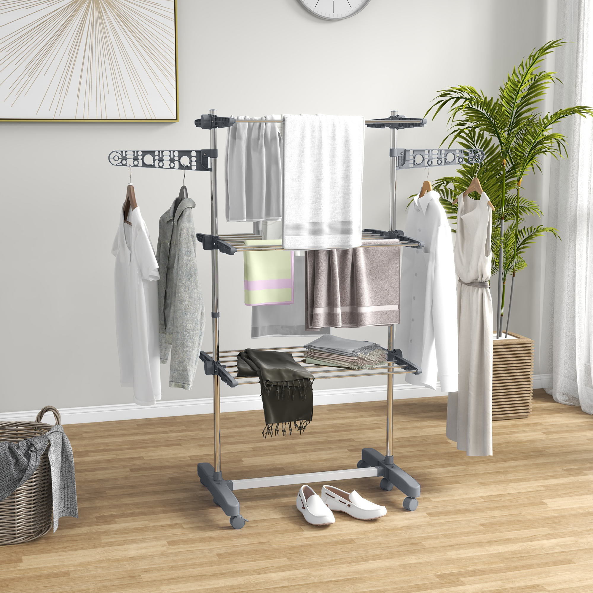 Homcom Stendino Verticale con 3 Ripiani Regolabili, in Acciaio e Plastica, 142x55x152 cm, Grigio e Argento