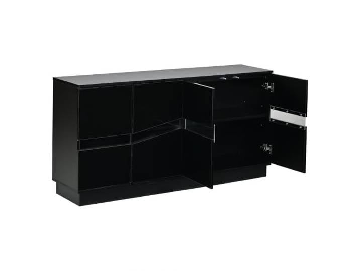 Sideboard 140x35x70cm Schwarz Hochglanz mit LED, 4 Türen Spanplatte+Acryl, Hochglanz weiß, 4 Türen Push-to-Open, 2 höhenverstellbare Böden, LED App, 140x35x70cm, max. 30 kg