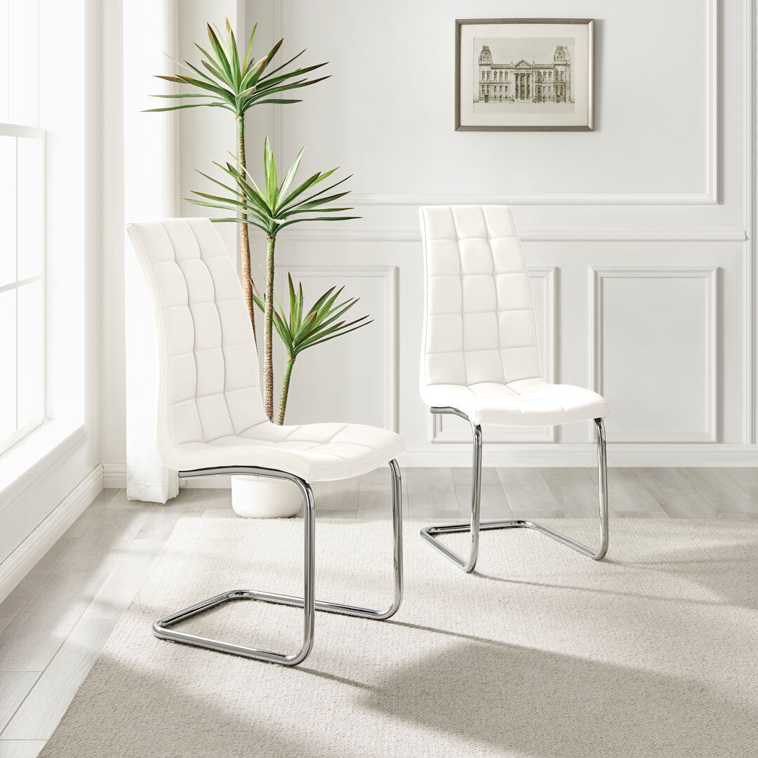 Canora Grey Chowchilla Faux Leather Cushioned Chrome Cantilever Leg Dining Chairs with Square Stitching White 104cm H X 42cm W X 60cm D