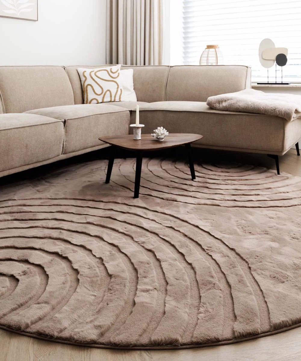 Rond Fluffy vloerkleed Carvy taupe 160 cm
